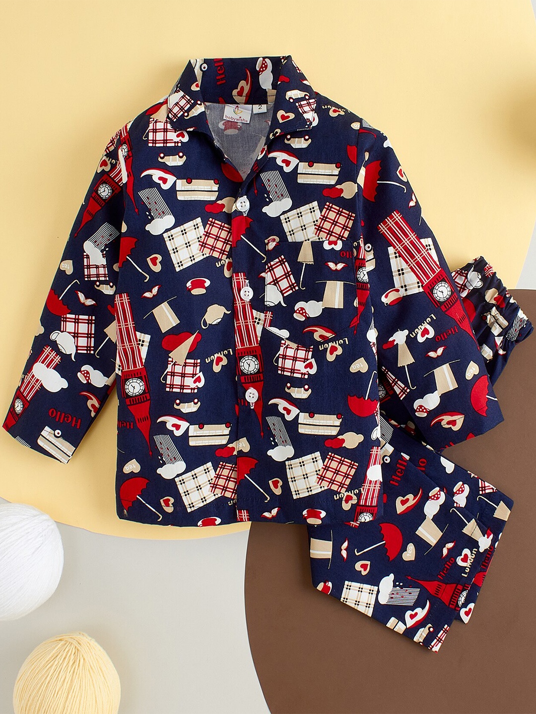 

Babywish Kids Clock Theme Printed Pure Cotton Night suit, Blue