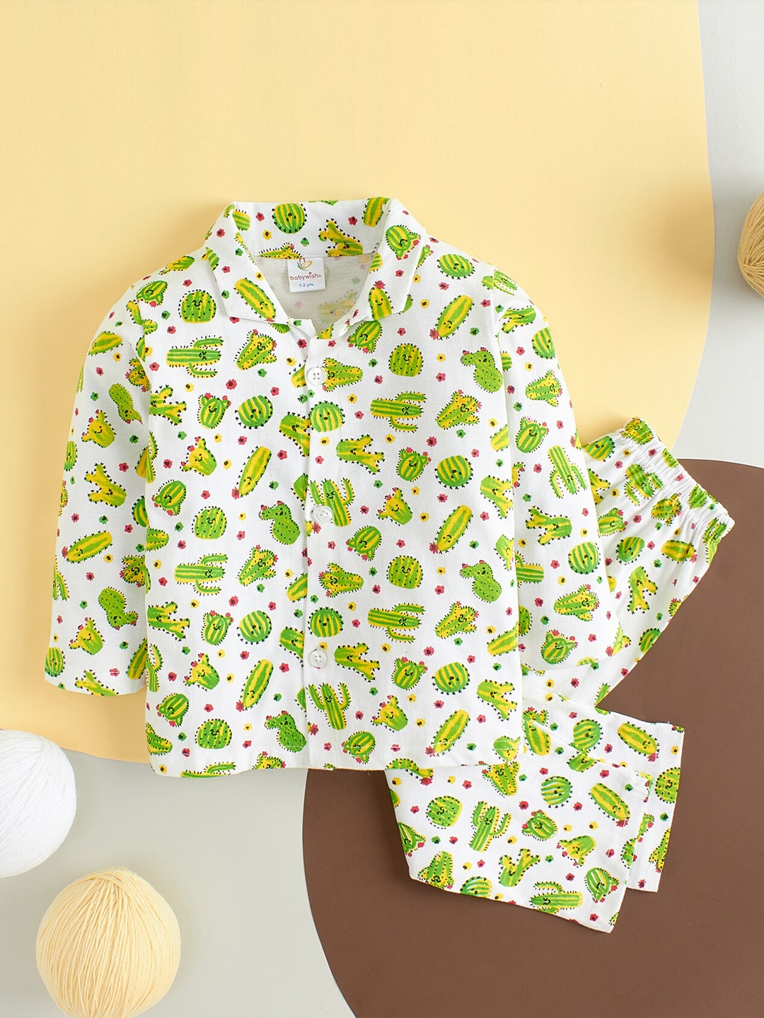

Babywish Kids Cactus Theme Printed Pure Cotton Night suit, Green