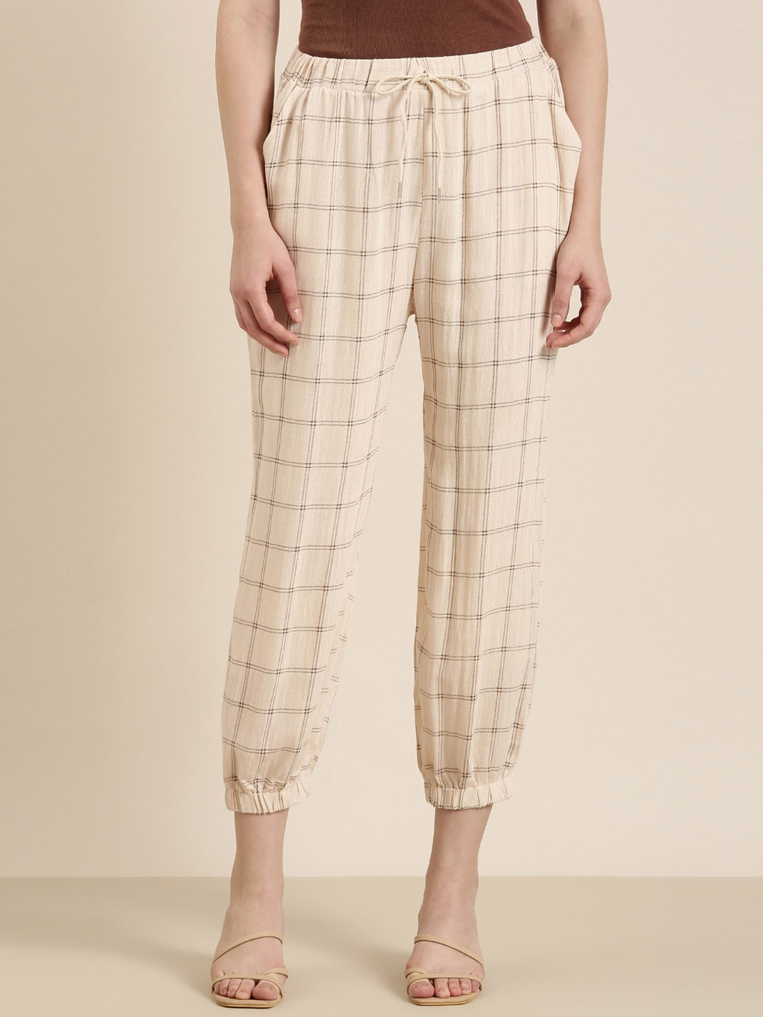 

SHOWOFF Women Cream-Coloured Checked Relaxed Flared High-Rise Joggers Trousers