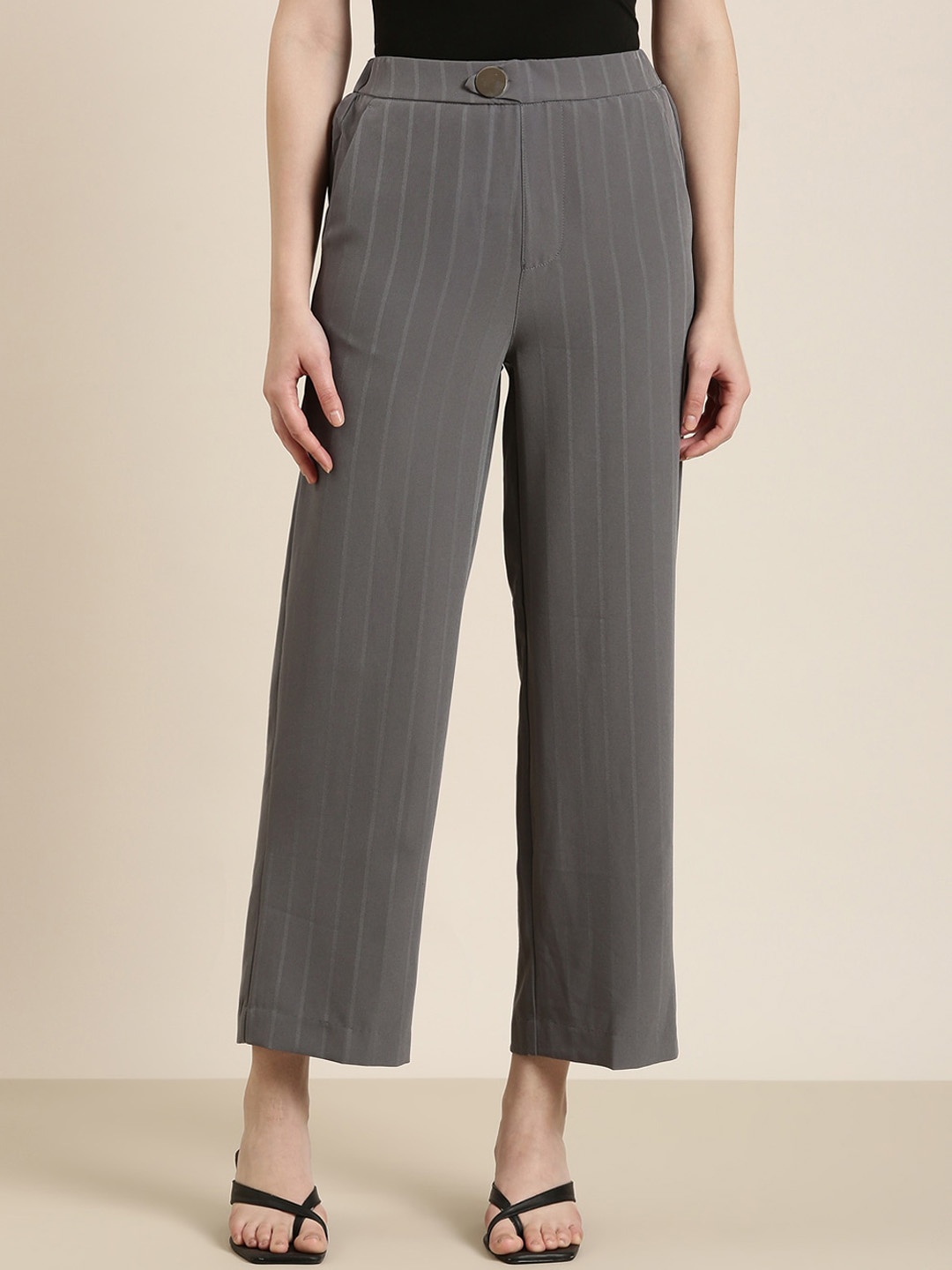 

SHOWOFF Women Grey Striped Loose Fit High-Rise Trousers