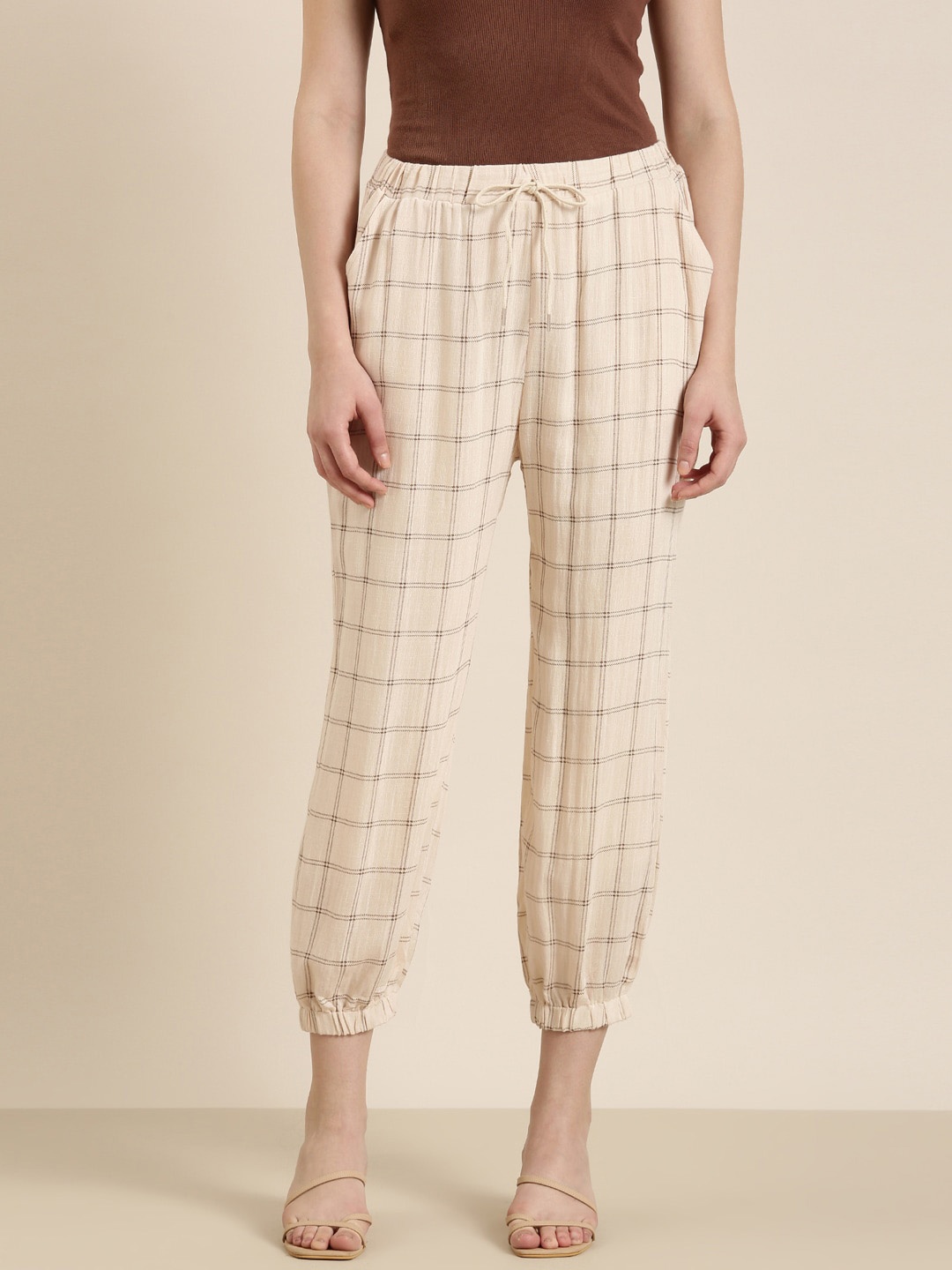 

SHOWOFF Women Cream-Coloured Checked Relaxed Mom Fit Joggers Trousers