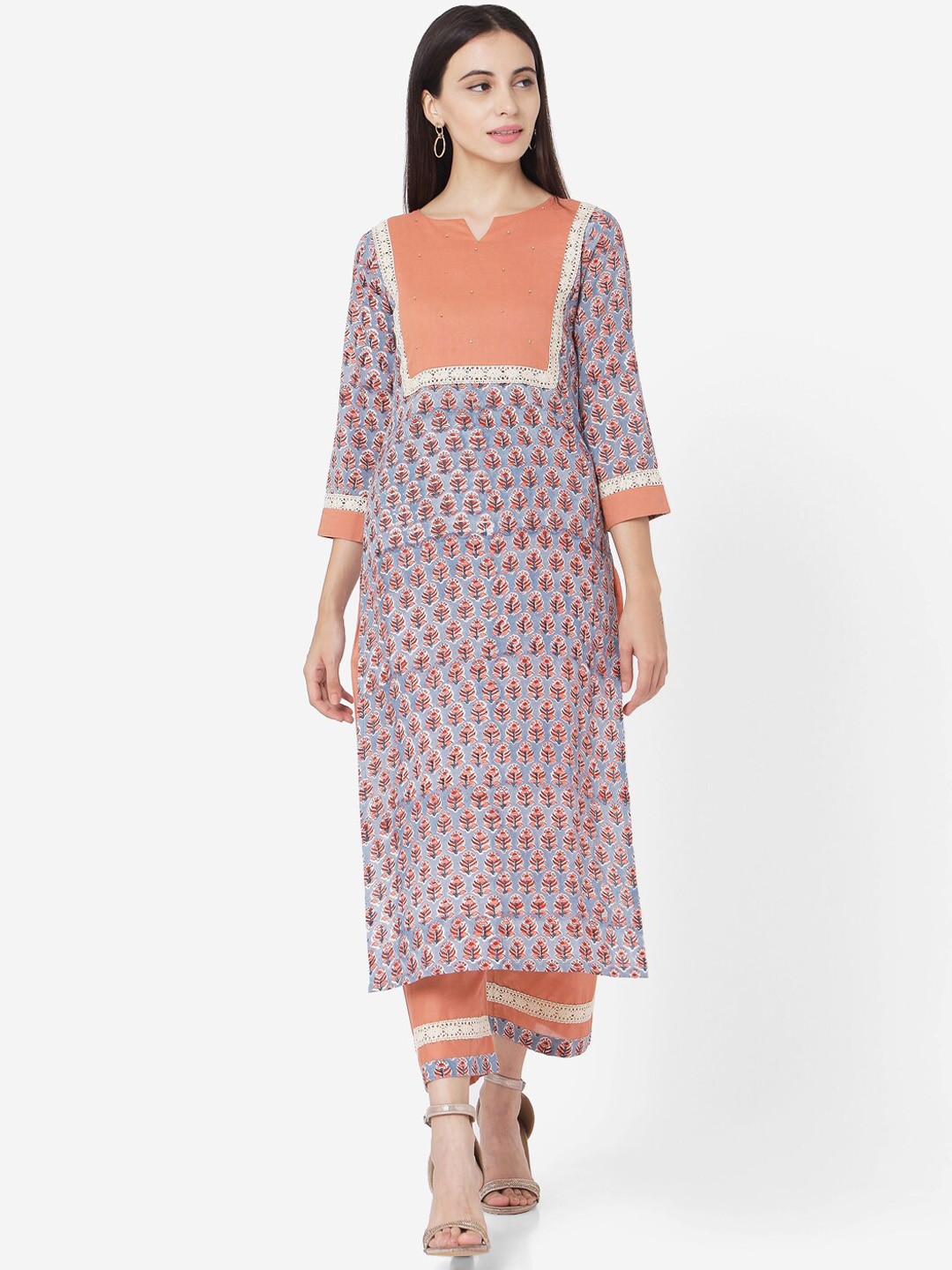 

KALINI Ethnic Motifs Printed Regular Pure Cotton Kurta With Trousers, Blue