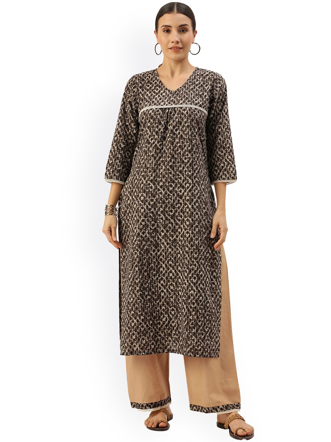 

KALINI Ethnic Motifs Printed Empire Srraight Pure Cotton Kurta With Palazzos, Brown