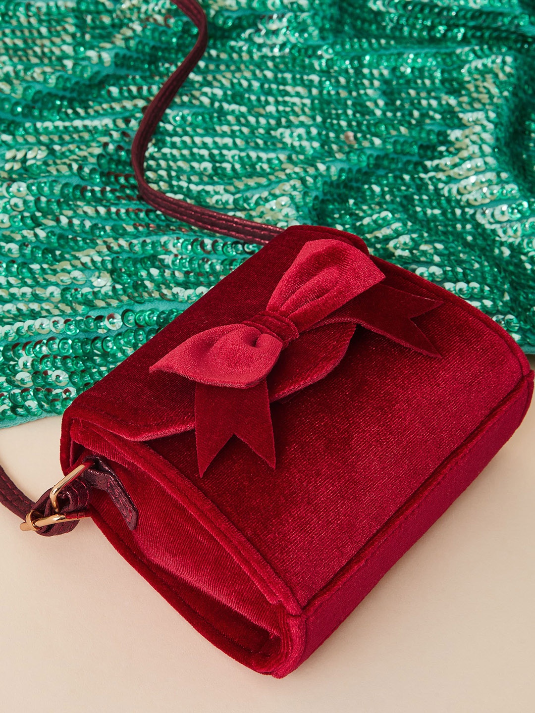 

Accessorize London Girls Embellished Bow Detail Velvet Structured Sling Bag, Red
