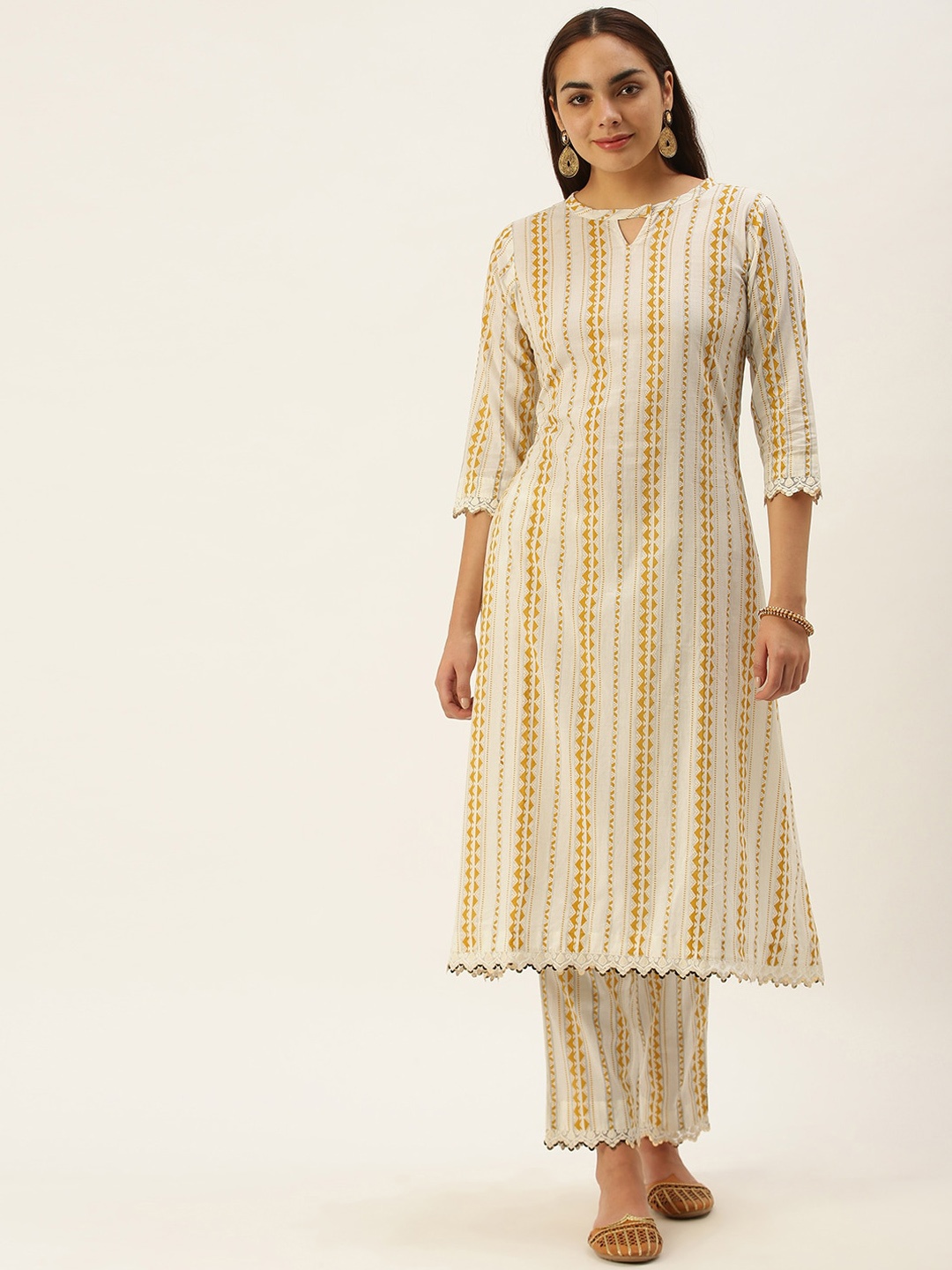 

KALINI Geometric Printed Pure Cotton Kurta With Trousers, Off white