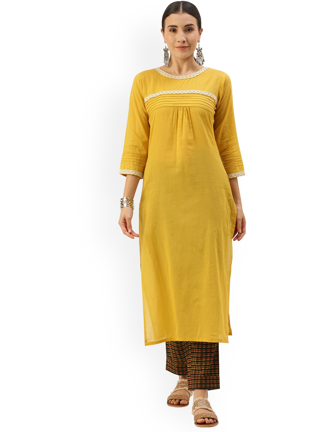 

KALINI Regular Pure Cotton Kurta with Trousers, Yellow