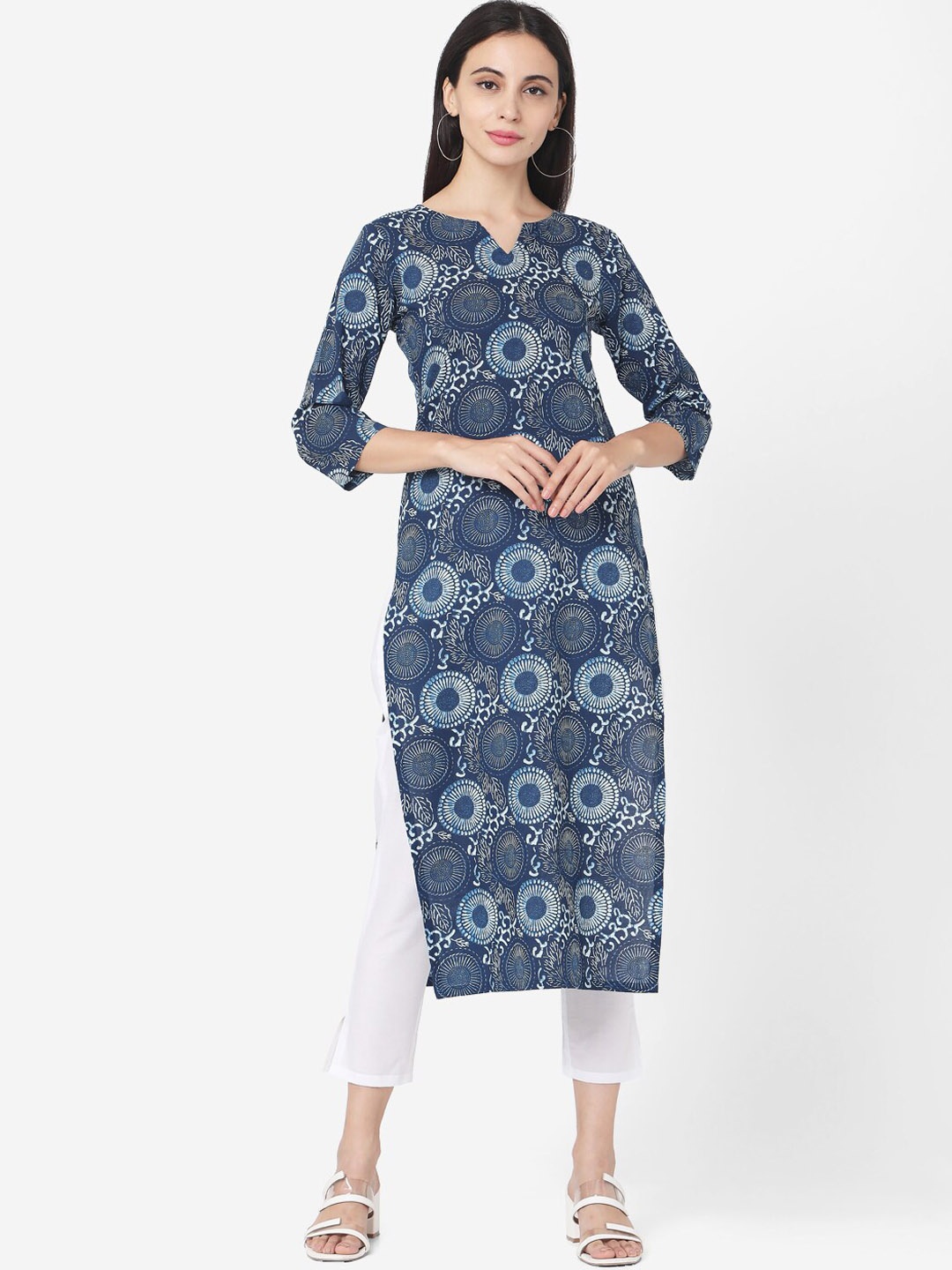 

KALINI Floral Printed Pure Cotton Kurta With Trousers, Navy blue