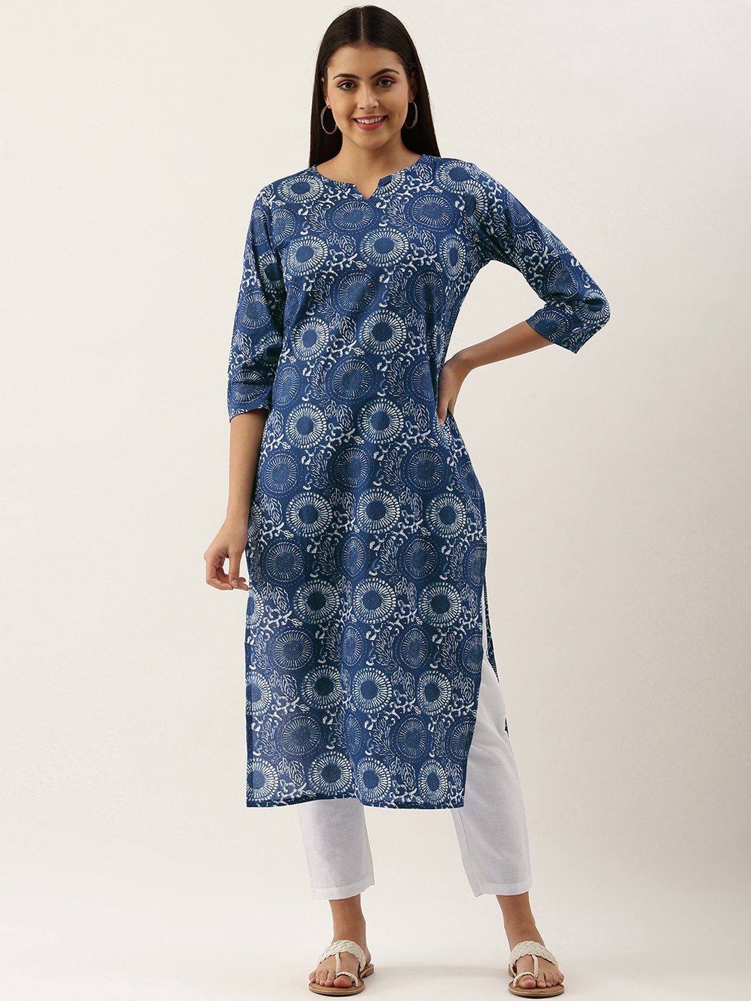 

KALINI Floral Printed Pure Cotton Kurta With Trousers, Navy blue