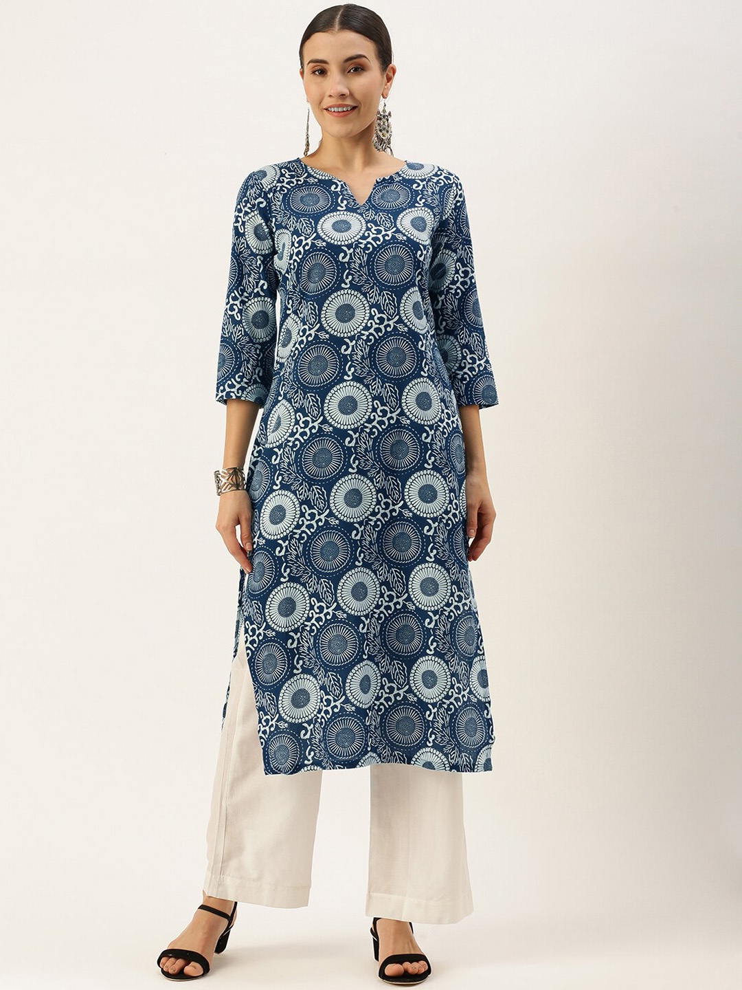 

KALINI Geometric Printed Regular Pure Cotton Kurta With Trousers, Navy blue