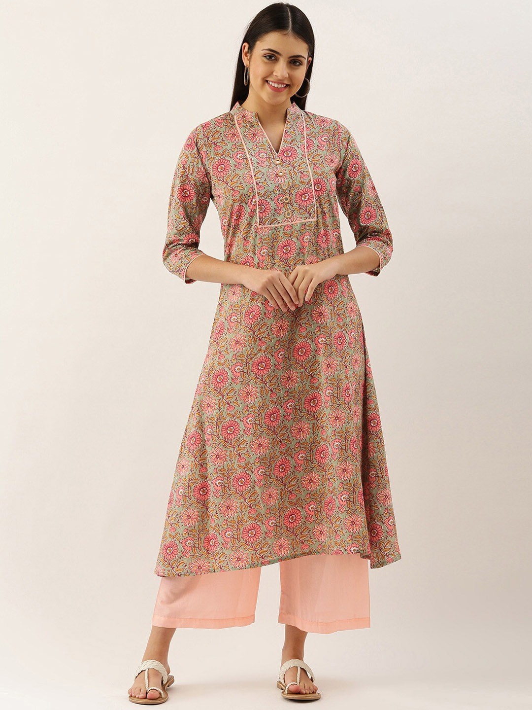 

KALINI Floral Printed Pure Cotton Anarkali Kurta With Palazzos, Green