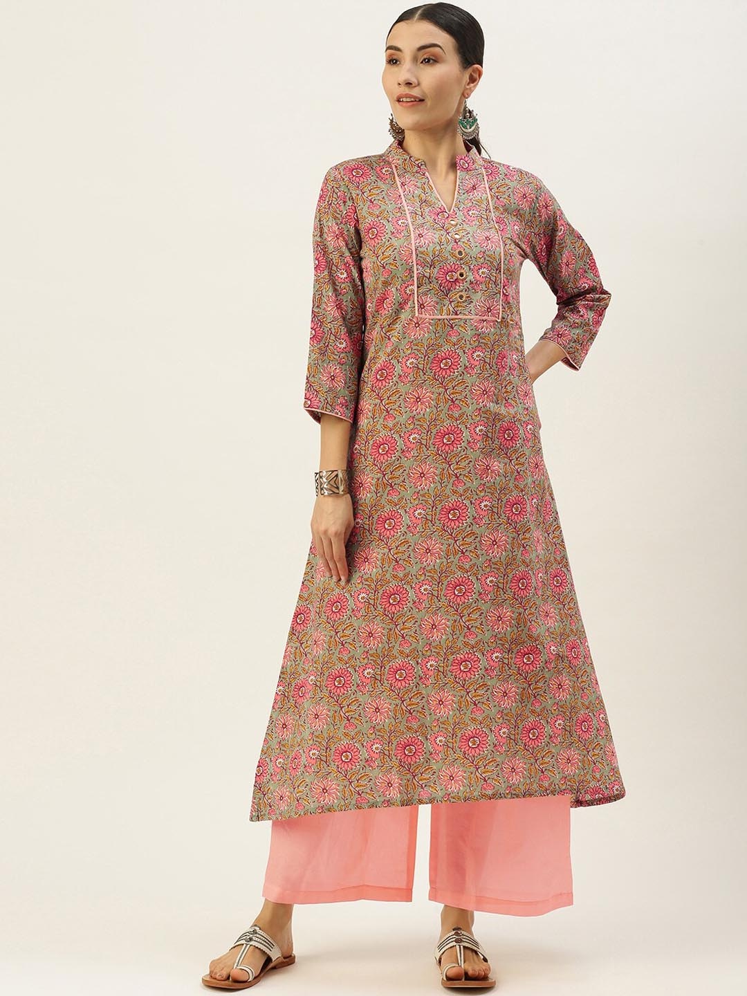 

KALINI Floral Printed Straight Pure Cotton Kurta With Palazzos, Green