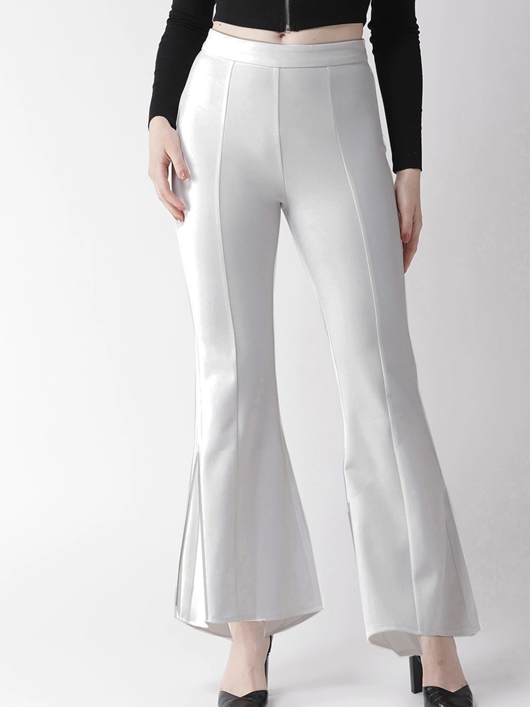 

CLAFOUTIS Women Flared High-Rise Plain Trousers, White