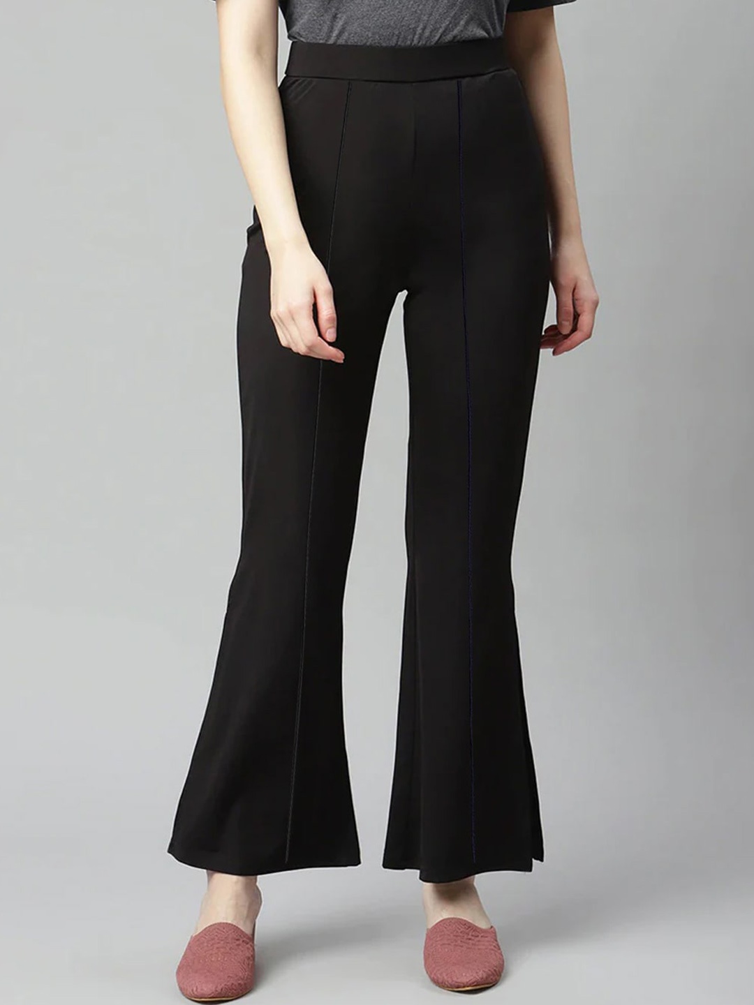 

CLAFOUTIS Women Flared High-Rise Plain Bootcut Trousers, Black