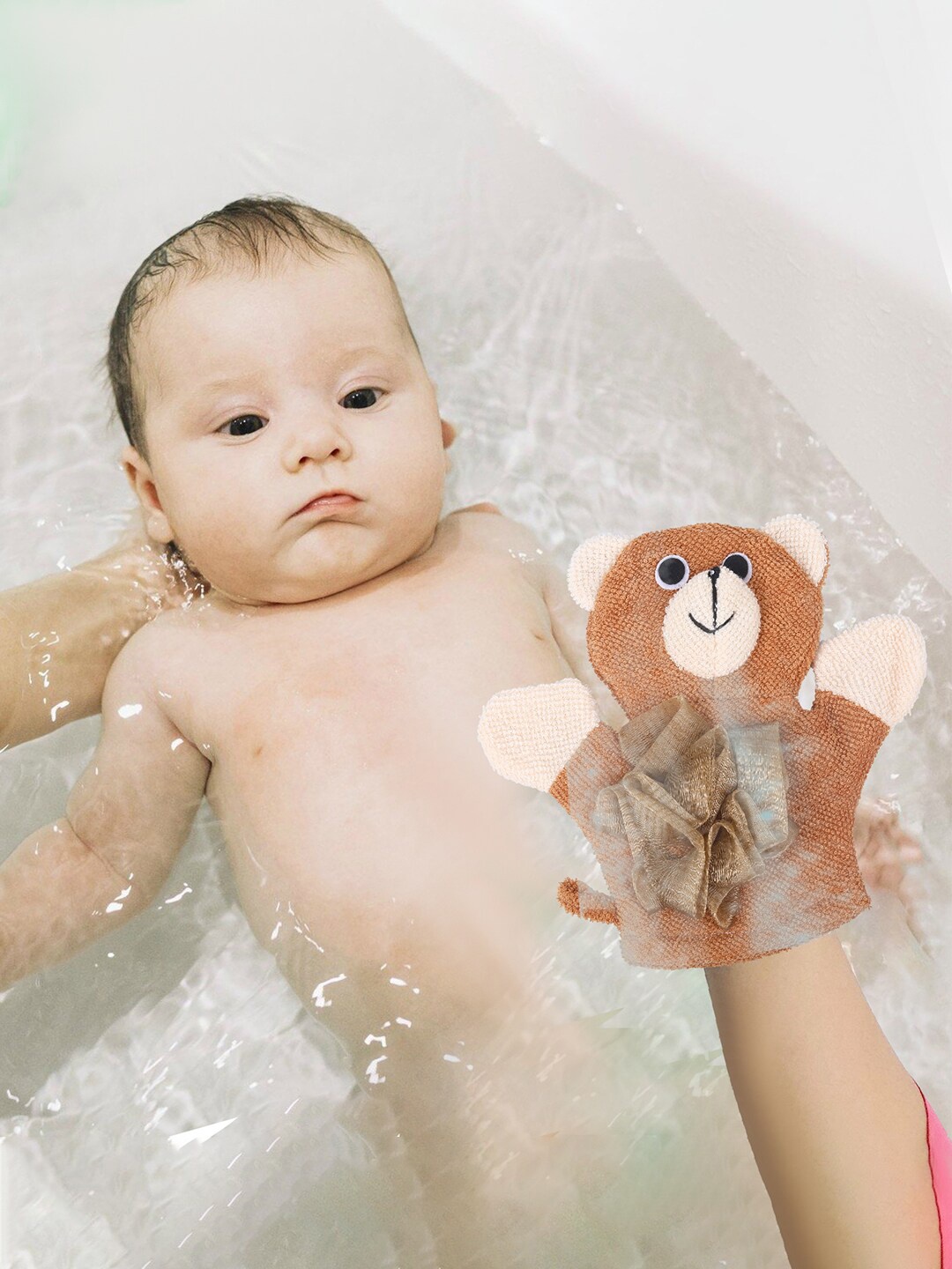 

Baby Moo Infant Kids Bear Shaped Loofah Bath Glove, Brown