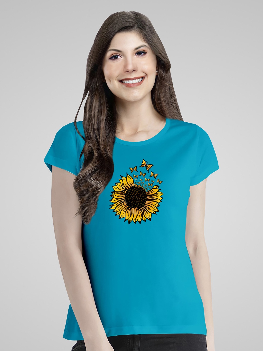 

Pootlu Floral Printed Pure Cotton T-shirt, Turquoise blue