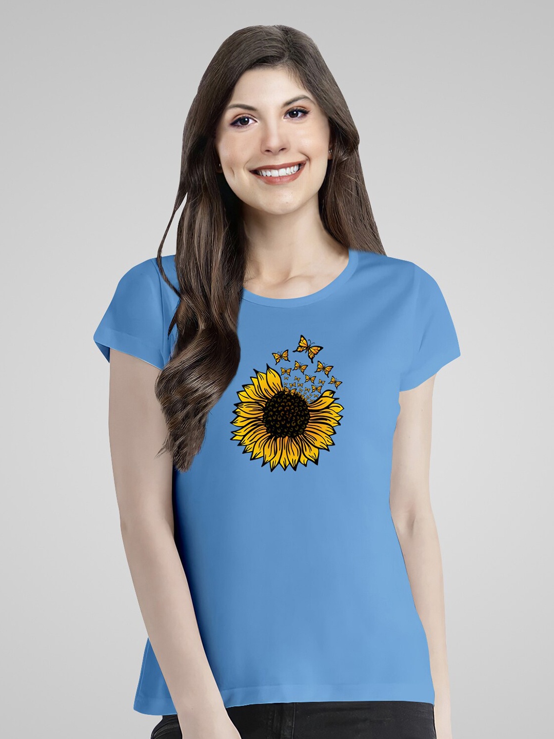 

Pootlu Floral Printed Pure Cotton T-shirt, Blue