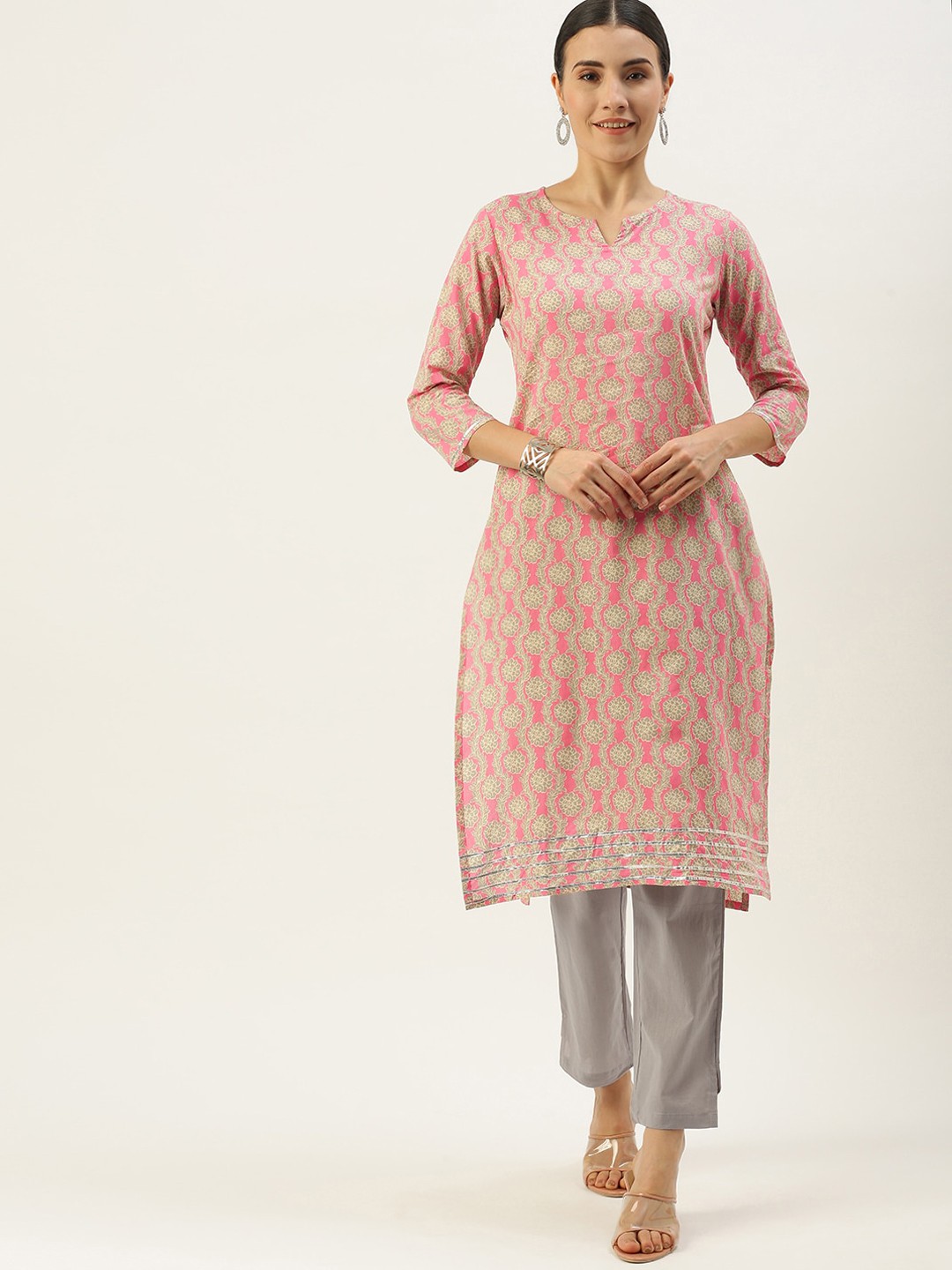 

KALINI Floral Printed Regular Straight Pure Cotton Kurta With Trousers, Pink