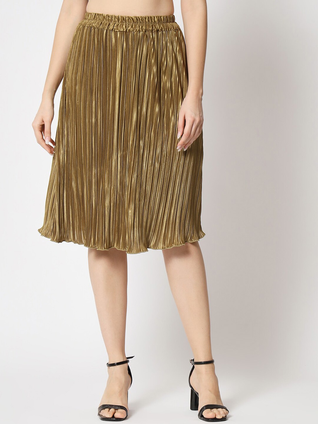 

CHARMGAL Flared Knee-Length Pleated Satin Skirt, Olive