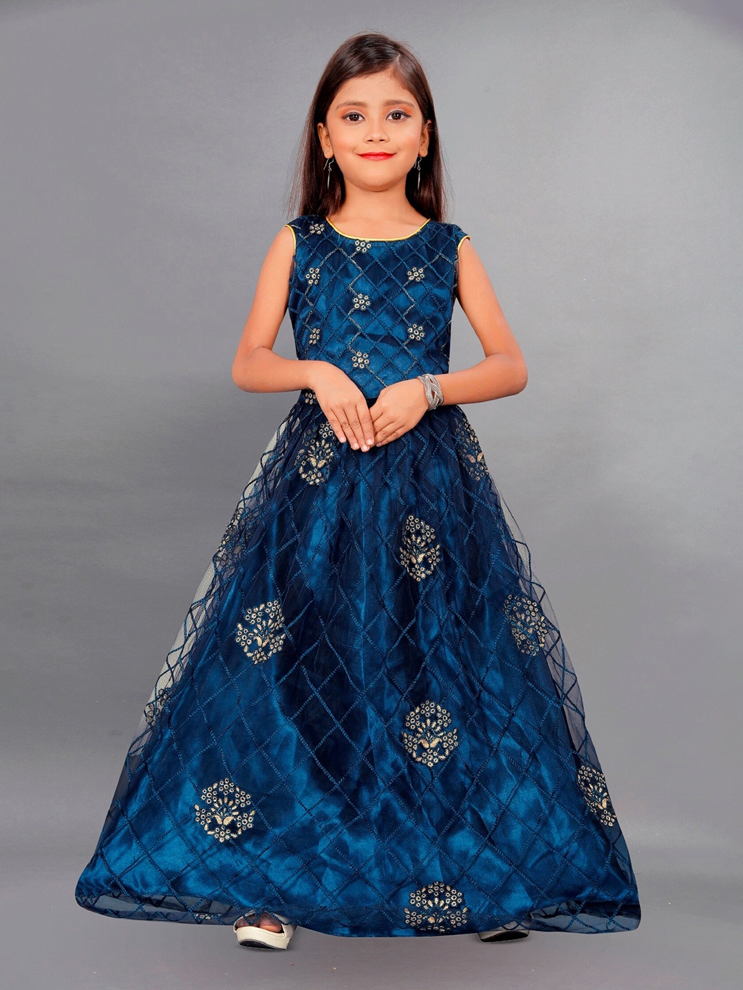 

APNISHA Girls Floral Embroidered Detailed Gown Dress, Blue