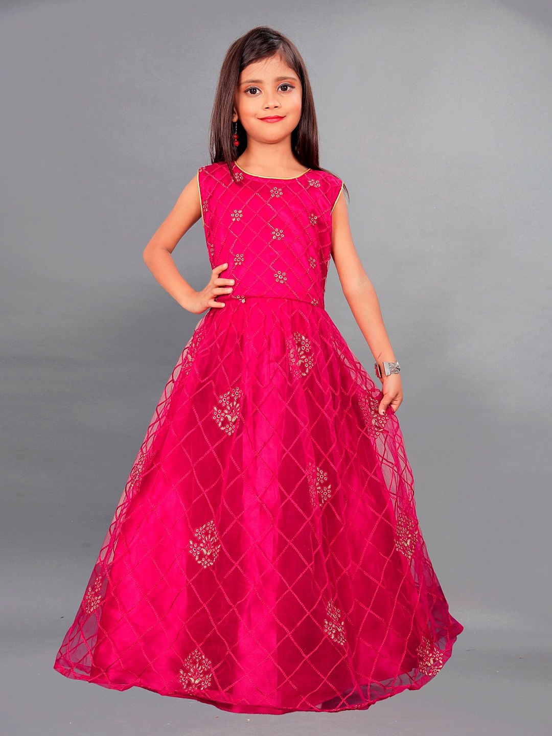 

APNISHA Girls Floral Embroidered Detailed Gown Dress, Pink