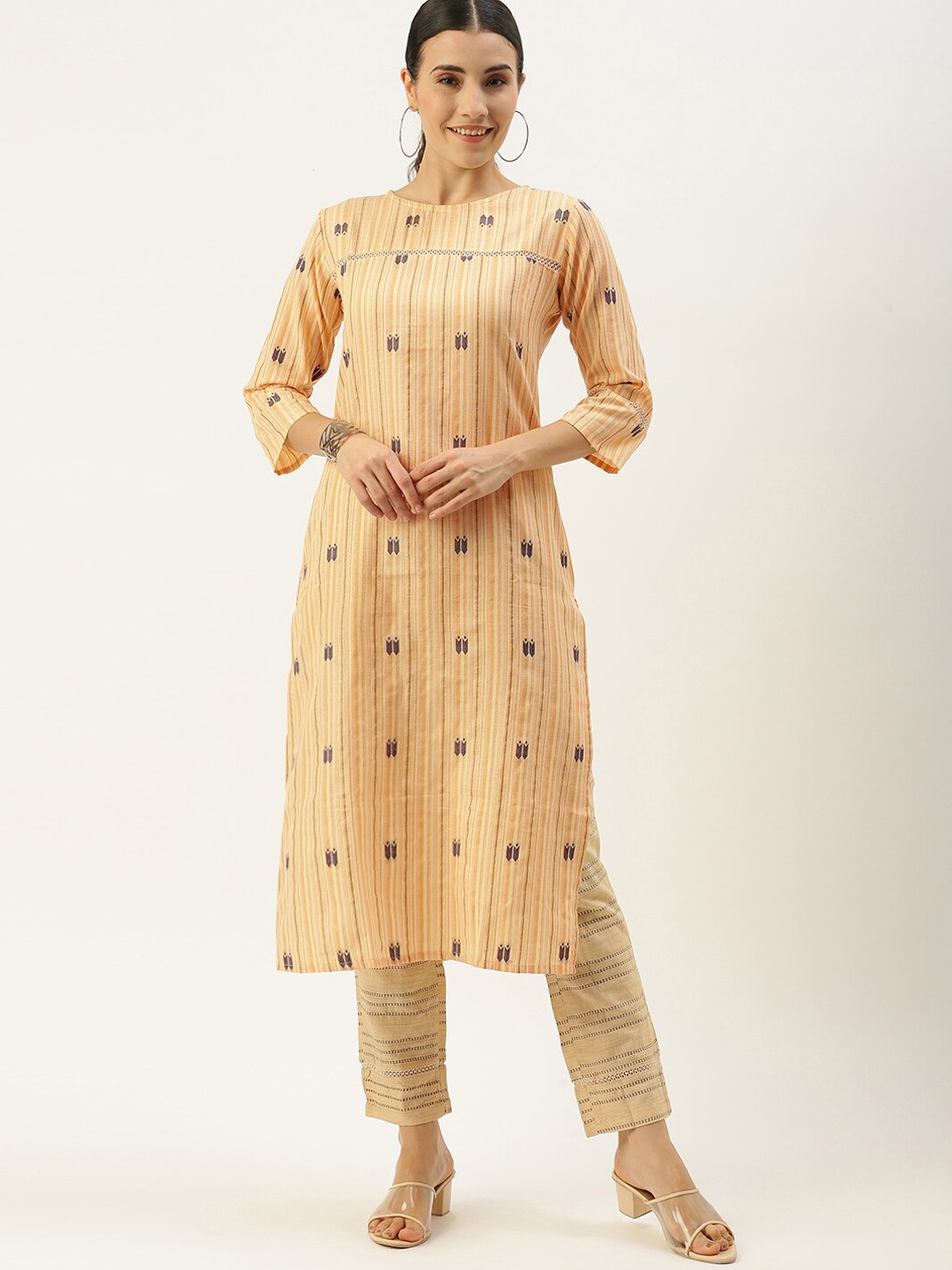 

KALINI Striped Regular Pure Cotton Kurta With Palazzos, Cream