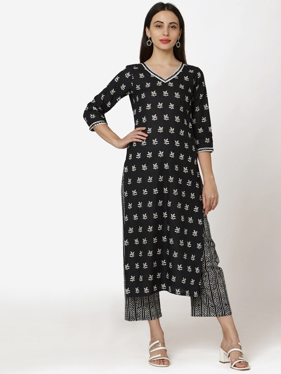

KALINI Floral Printed Regular Pure Cotton Kurta With Palazzos, Black