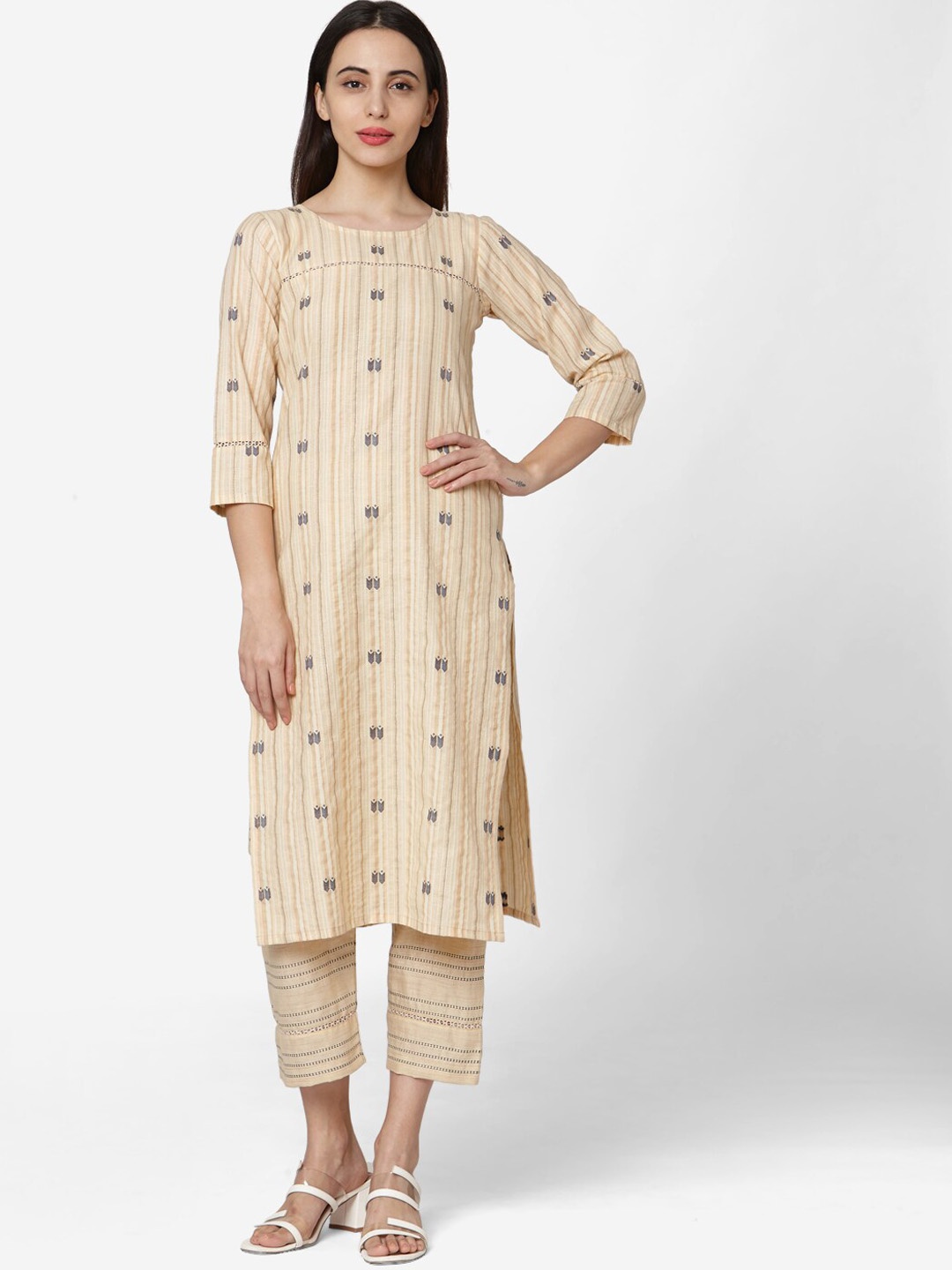 

KALINI Striped Regular Pure Cotton Kurta With Palazzos, Cream