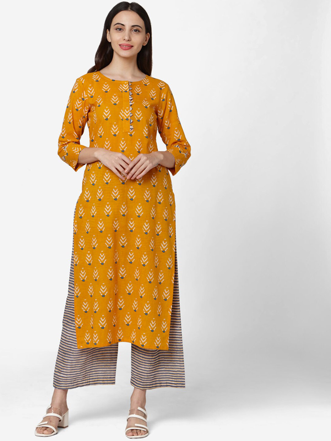 

KALINI Ethnic Motifs Printed Pure Cotton Kurta with Palazzos, Orange