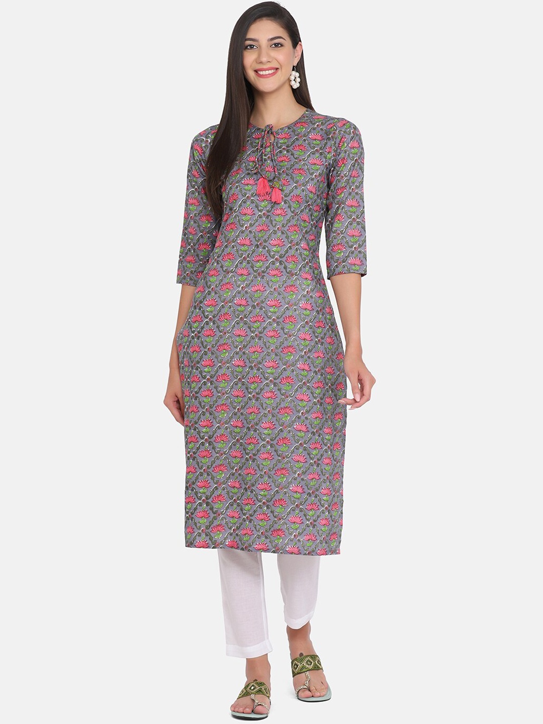 

KALINI Floral Printed Pure Cotton Kurta With Trousers, Grey