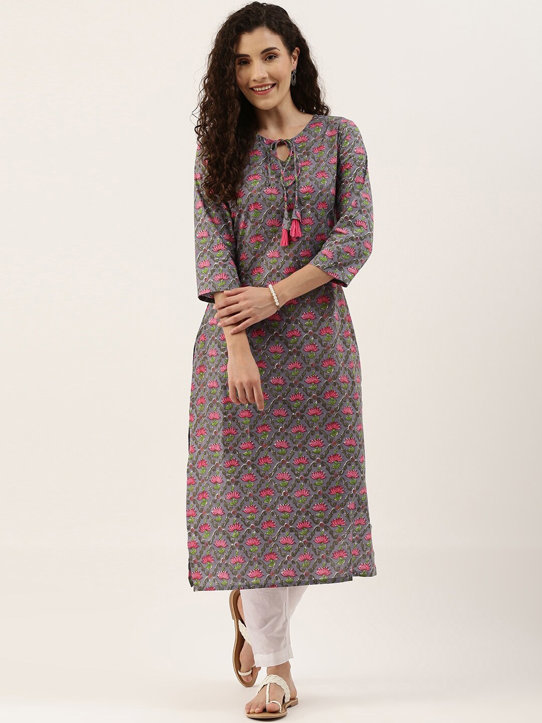 

KALINI Floral Printed Pure Cotton Straight Kurta With Trousers, Grey