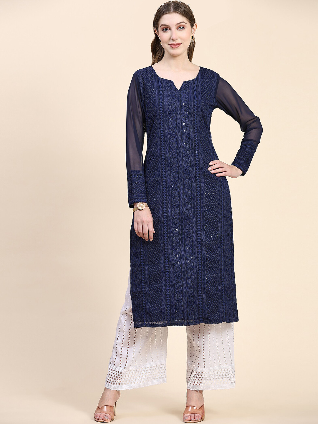 

KALINI Ethnic Motifs Embroidered Thread Work Georgette Straight Kurta, Navy blue