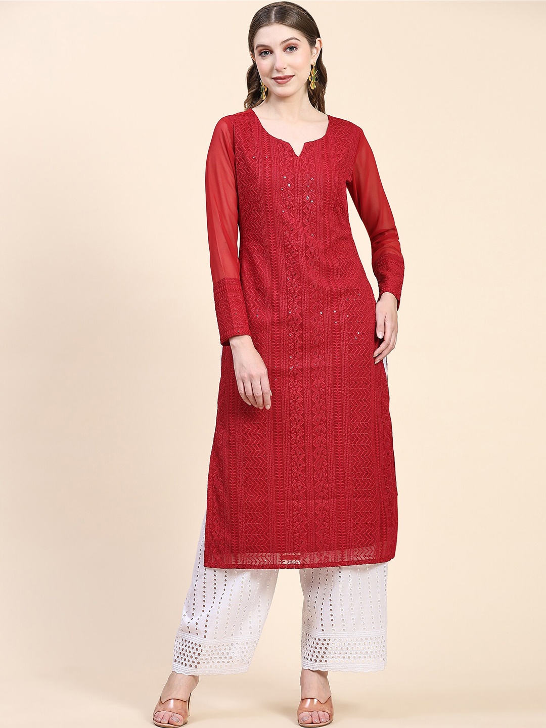 

KALINI Ethnic Motifs Sequinned Embroidered Georgette Kurta, Red