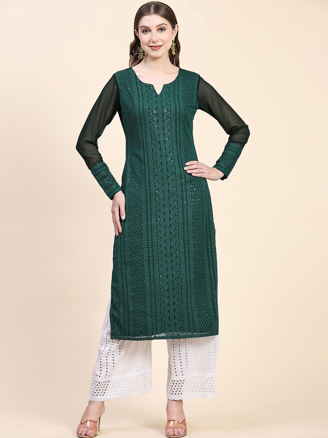 

KALINI Ethnic Motifs Embroidered Georgette Kurta, Green