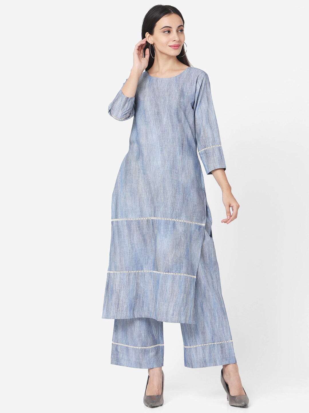 

KALINI Striped Pure Cotton Kurta with Palazzos, Blue