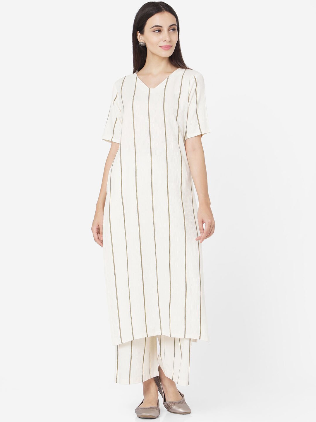 

KALINI Striped V-Neck Pure Cotton Kurta With Palazzos, Off white