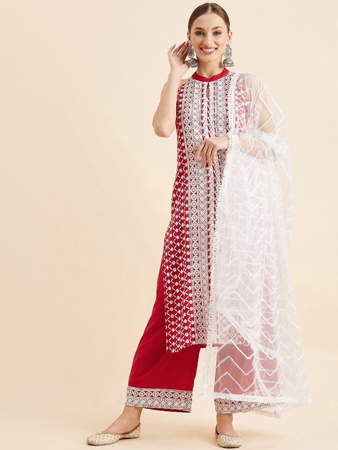 

PANIT Red & White Ethnic Motifs Embroidered Thread Work Kurta With Trousers & Dupatta