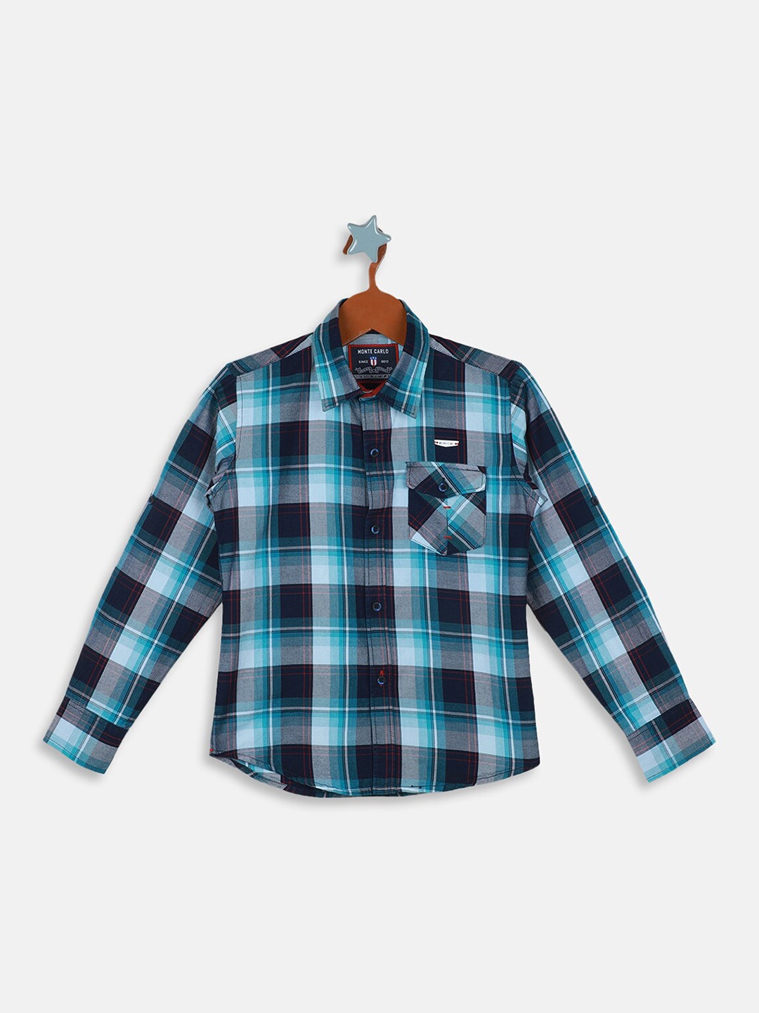 

Monte Carlo Boys Tartan Checked Roll Up Sleeves Cotton Casual Shirt, Blue