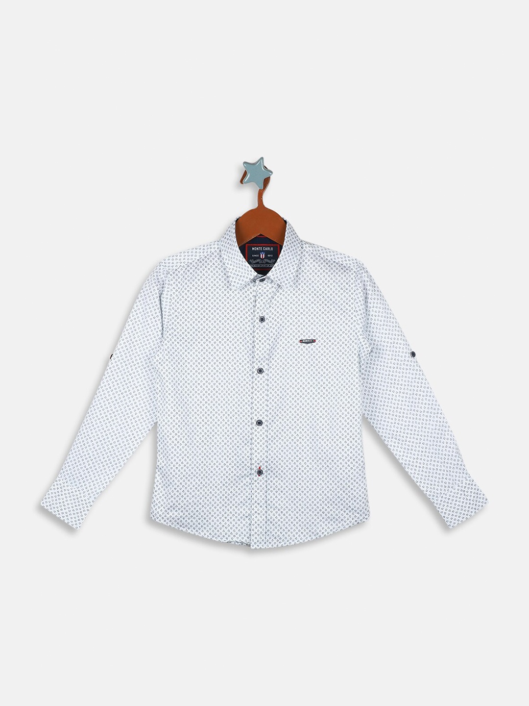 

Monte Carlo Boys Micro Ditsy Printed Roll Up Sleeves Cotton Casual Shirt, White