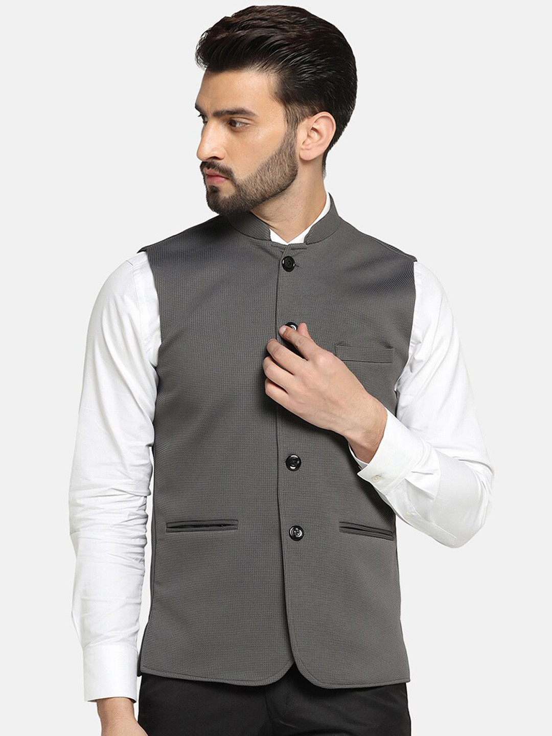 

TAHVO Mandarin Collar Satin Nehru Jacket, Grey