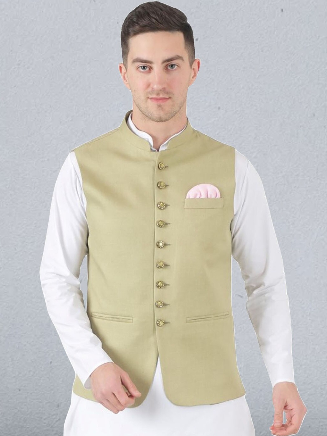 

TAHVO Mandarin Collar Satin Nehru Jacket, Green