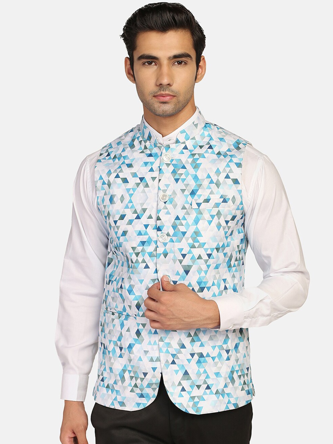 

TAHVO Geometric Printed Nehru Jackets, White