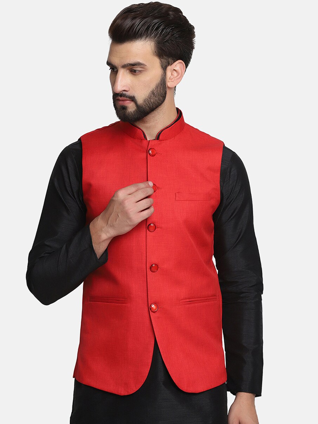 

TAHVO Mandarin Mollar Satin Nehru Jackets, Red