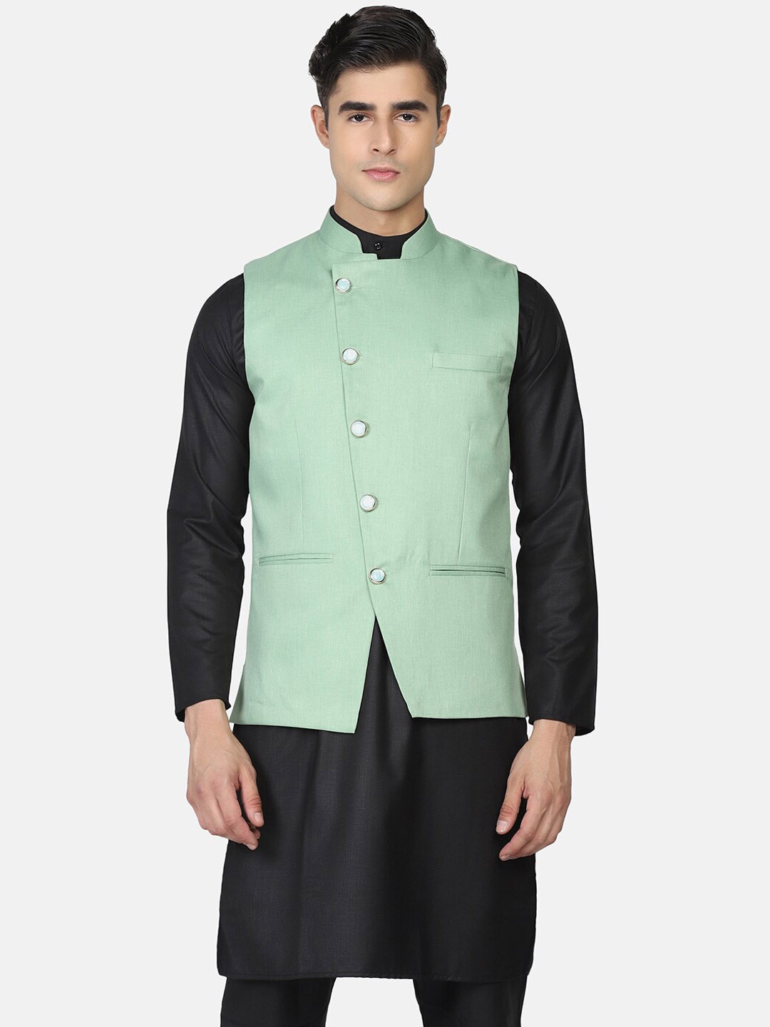 

TAHVO Mandarin Mollar Satin Nehru Jackets, Green