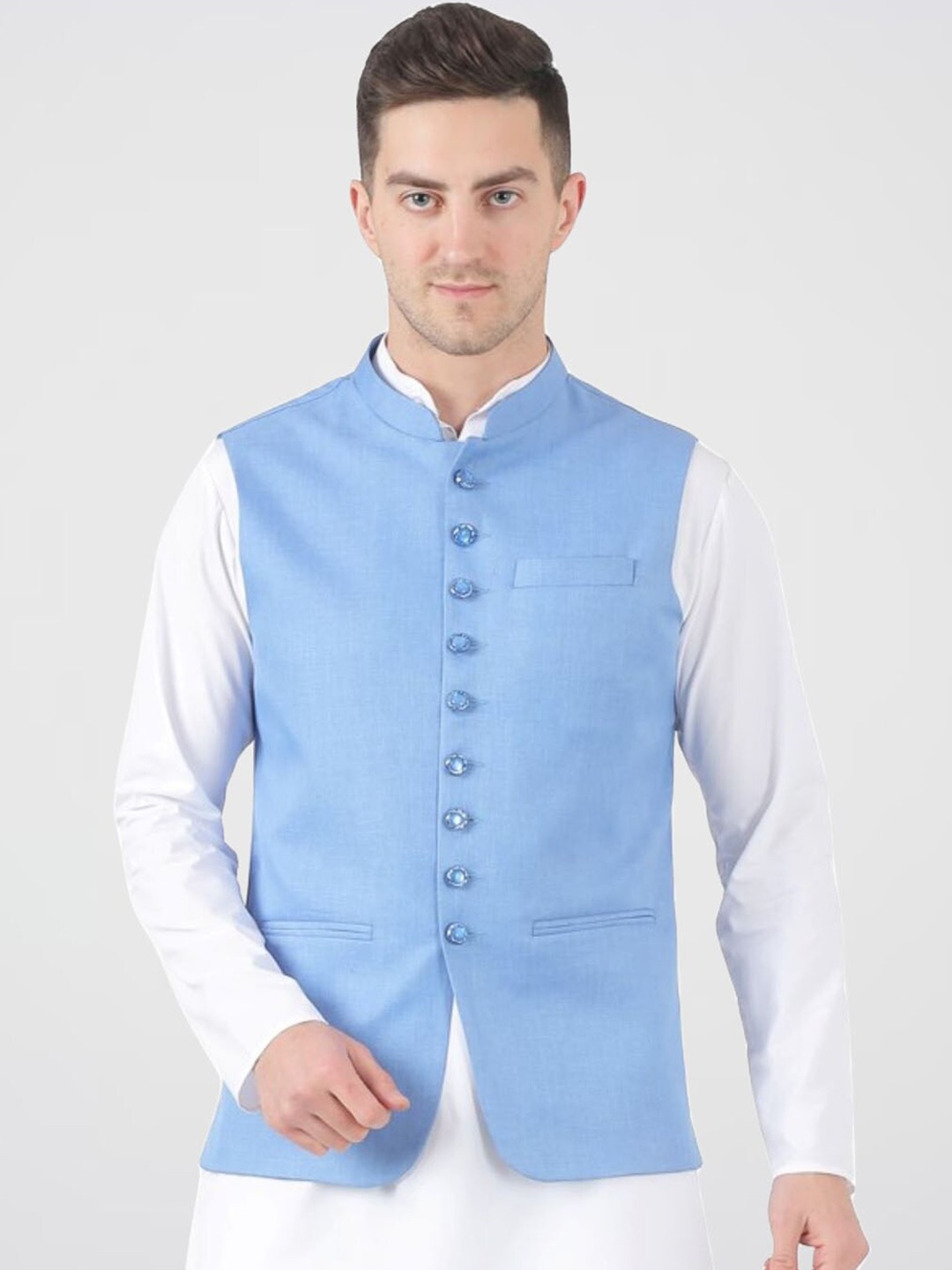 

TAHVO Mandarin Collar Satin Nehru Jacket, Blue