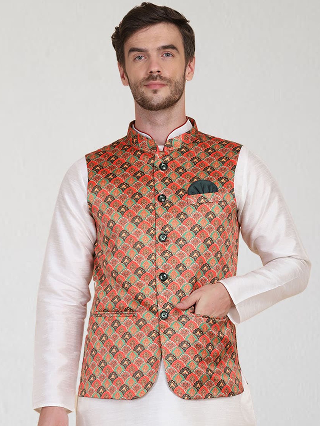 

TAHVO Floral Printed Nehru Jackets, Orange