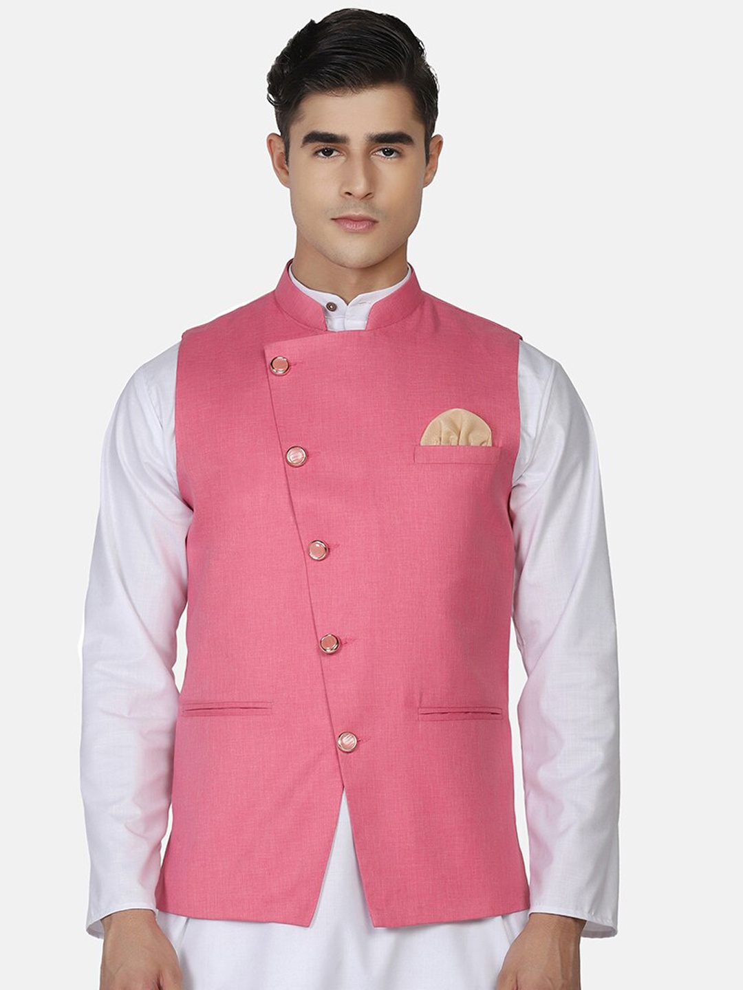 

TAHVO Mandarin Mollar Satin Nehru Jackets, Pink