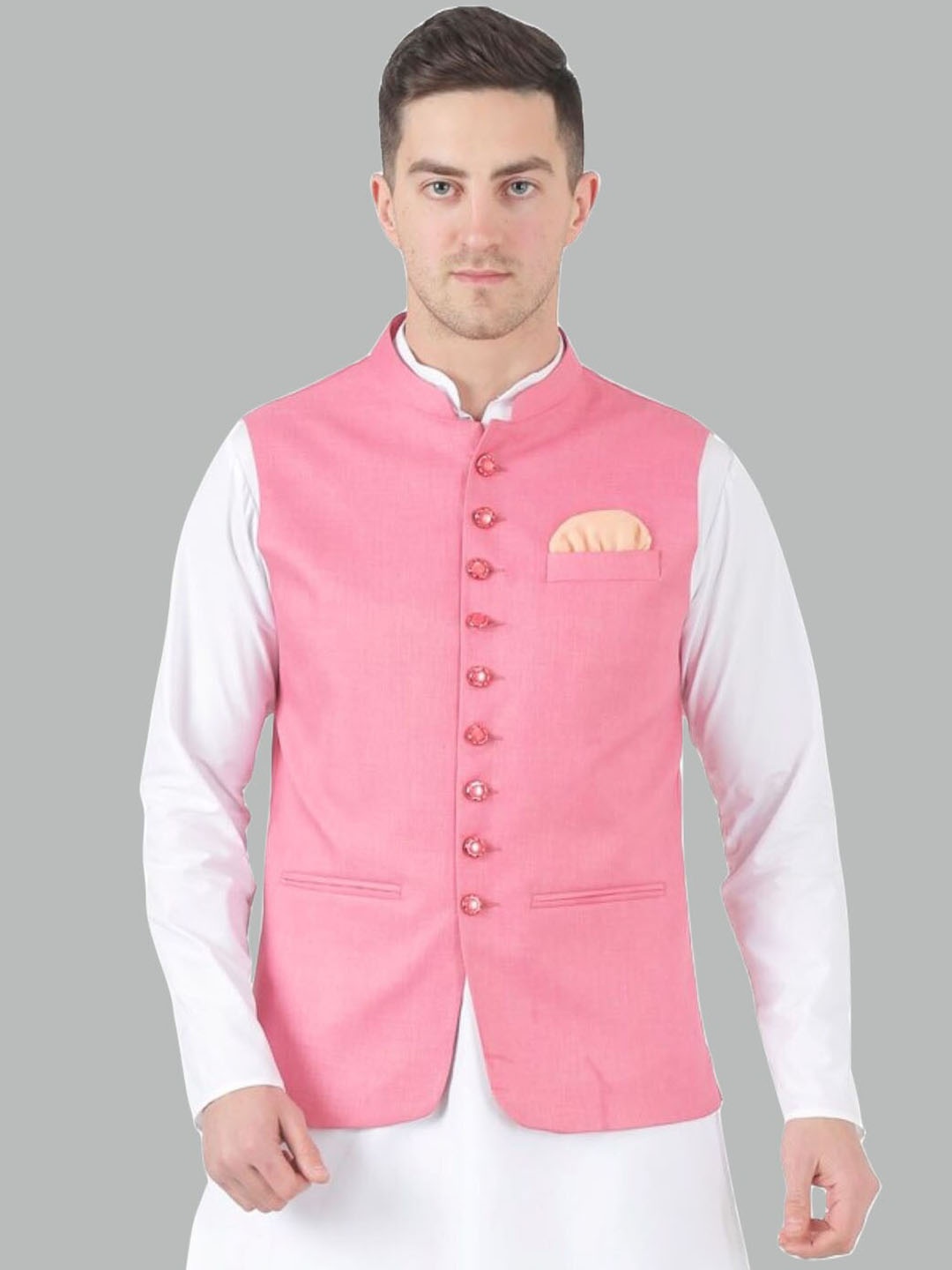 

TAHVO Mandarin Collar Satin Nehru Jacket, Pink