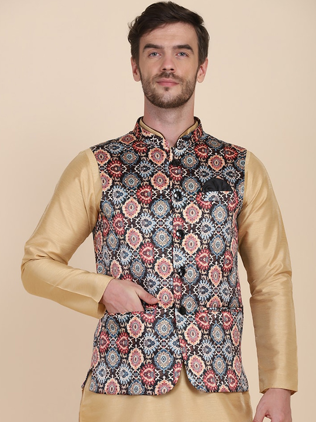 

TAHVO Printed Mandarin Mollar Satin Nehru Jackets, Brown