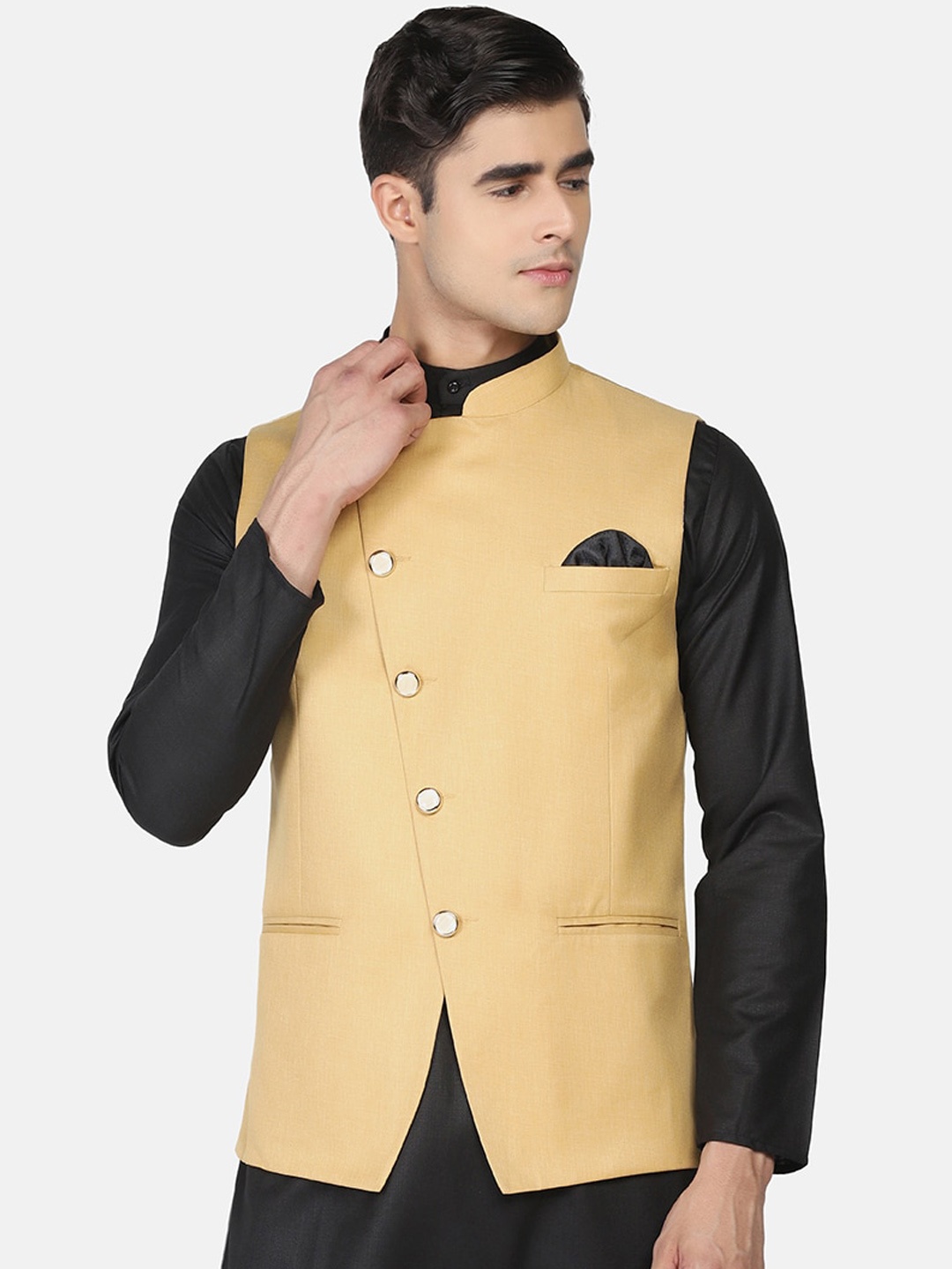 

TAHVO Mandarin Collar Satin Nehru Jacket, Beige