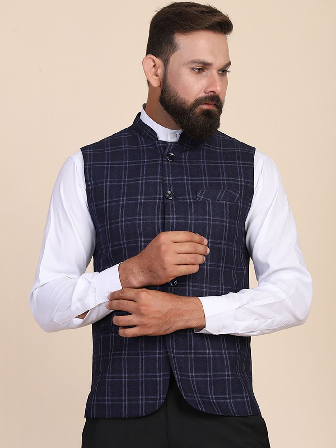 

TAHVO Checked Satin Nehru Jackets, Blue